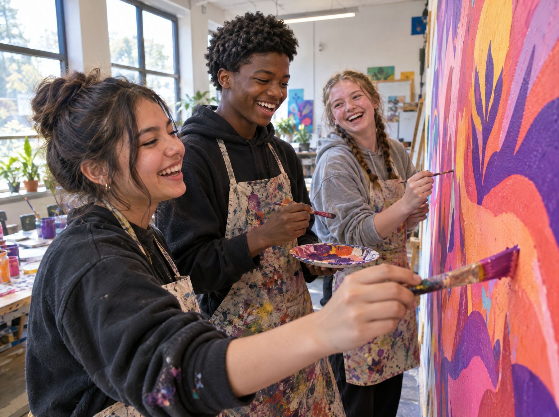 Young people work on a colourful mural.