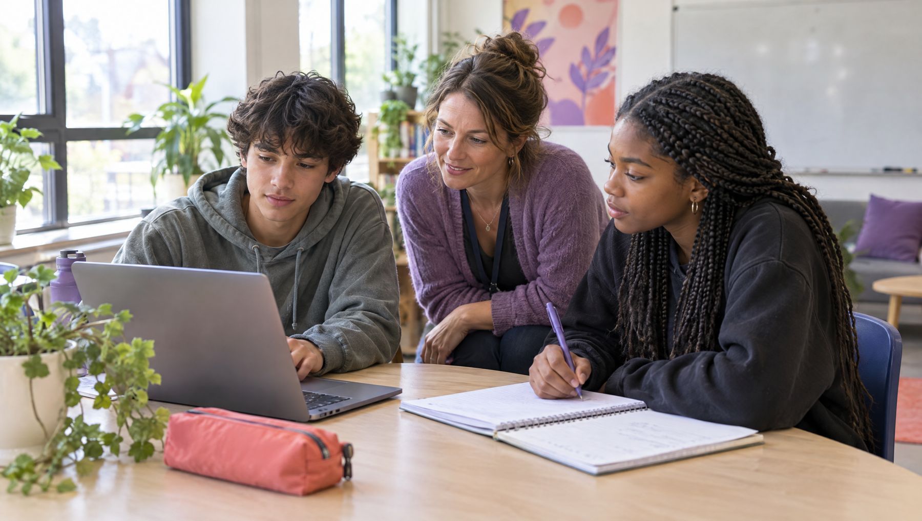A teacher supports two young people in a calm classroom.