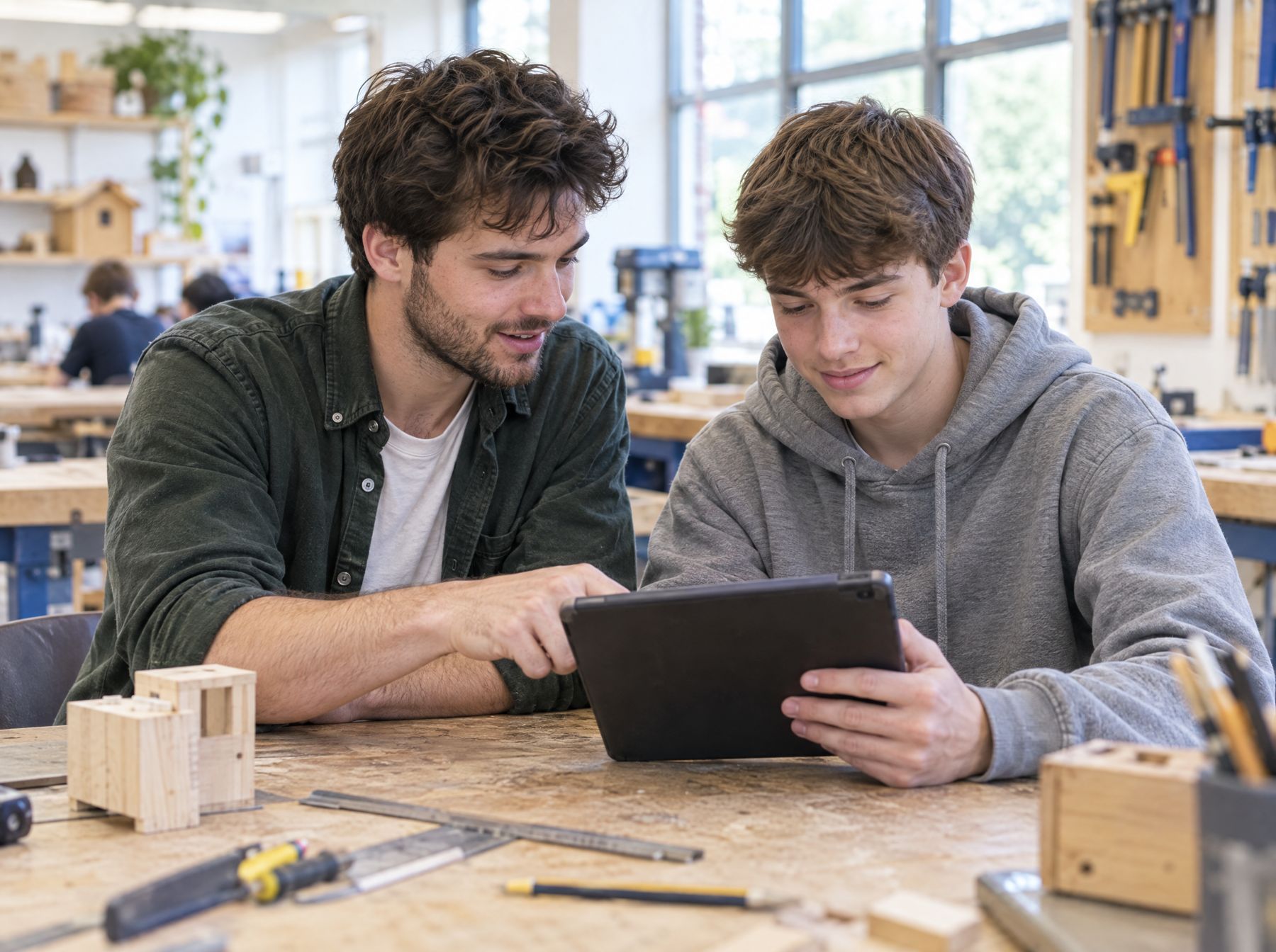 A mentor and young person review their work together.