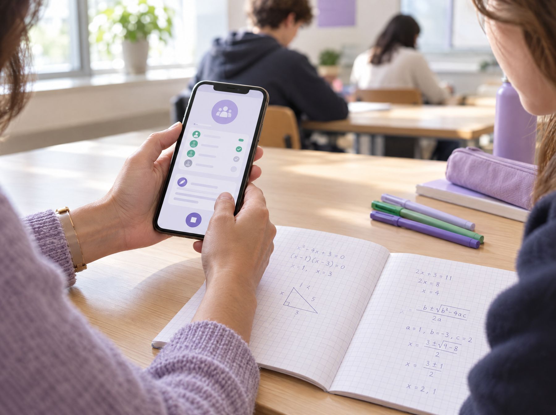 A tutor records session notes on a phone next to a student's open maths exercise book.